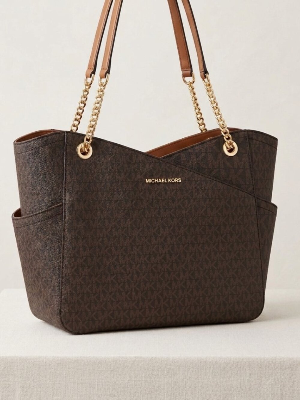 NWT Michael Kors JET SET Travel MK Signature Brown Tote Bag